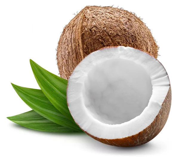 Kokosnoot Geïsoleerd Witte Achtergrond Kokosnoot Met Bladeren Kokosnoot Met Knippad — Stockfoto