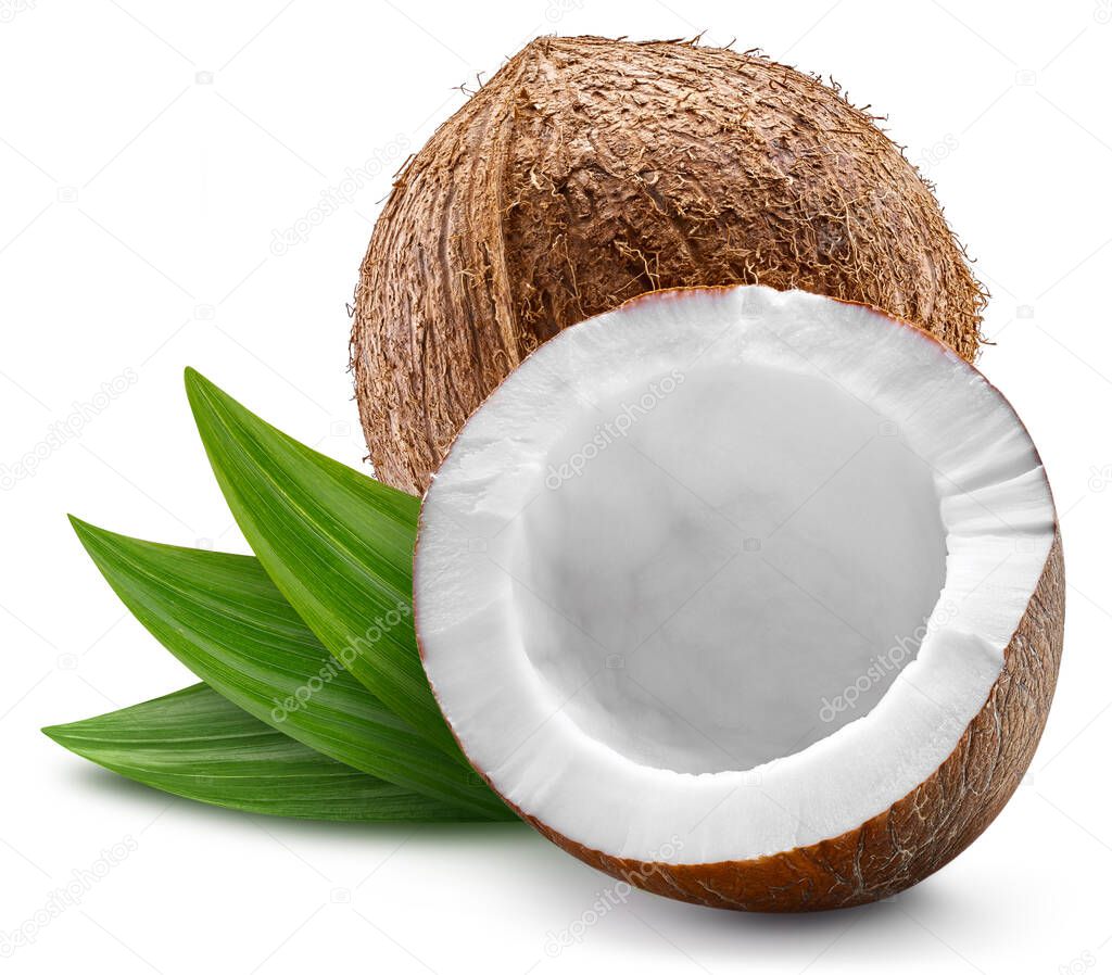 Coconut isolated on white background. Coconut with leaves. Coconut With clipping path