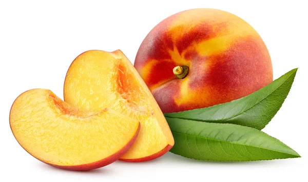 Saftiger Pfirsich Isoliert Auf Weißem Hintergrund Frischer Pfirsich Und Blatt — Stockfoto