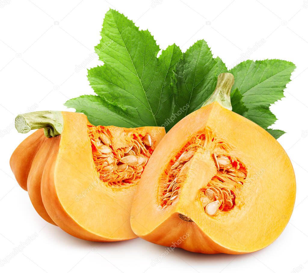 Ripe pumpkin with leaves. Organic pumpkin isolated on white background. Taste pumpkin with leaf. With clipping path