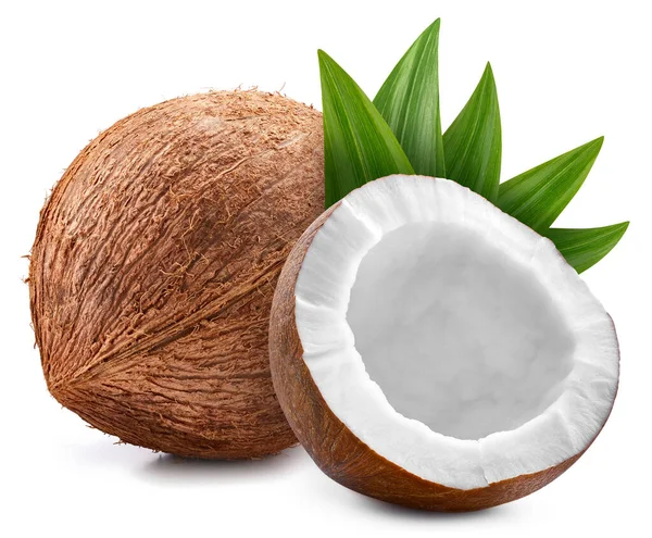 Kokosnuss und grüne Blätter isoliert auf weißem Hintergrund — Stockfoto