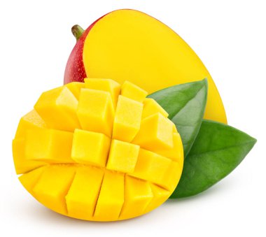 Mango ve yapraklar, beyaz arka planda izole edilmiş. Tam alan derinliği. Kırpma yolu olan Mango