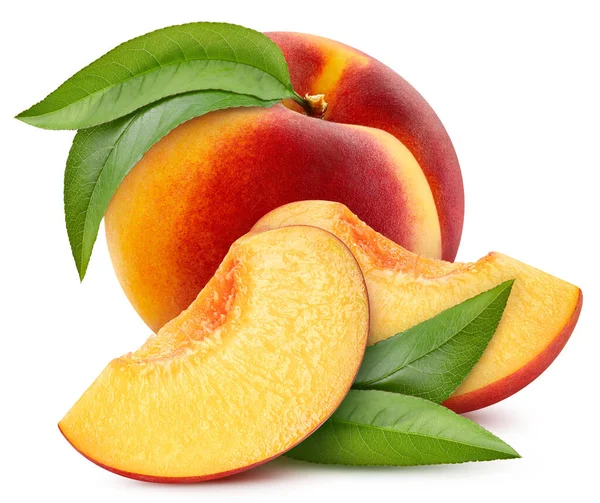 Persikofrukt Med Persikoblad Isolerad Vit Bakgrund Peach Klippning Väg Professionell — Stockfoto