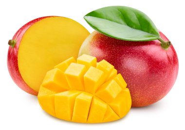 Mango ve yapraklar, beyaz arka planda izole edilmiş. Tam alan derinliği. Kırpma yolu olan Mango