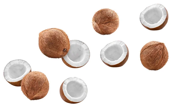 Flygande kokosnöt med halverad isolerad på vitt — Stockfoto
