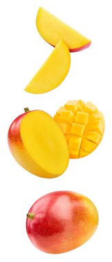 Mango flying isolated on the white background. Fresh mango Clipping path. Mango macro studio photo
