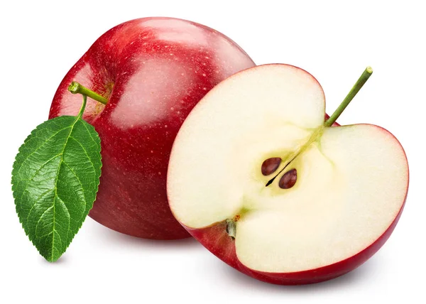 用叶子把苹果一半分离出来 红色的苹果果实 背景白色 有切割路径 作为设计要素 — 图库照片