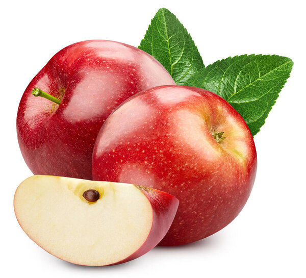 Красное яблоко выделено на белом фоне. Попробуйте яблоко с листом. Полная глубина резки