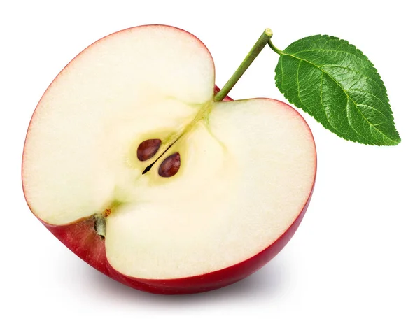 Roter Apfel Halb Isoliert Auf Weißem Hintergrund Apfel Mit Blatt — Stockfoto