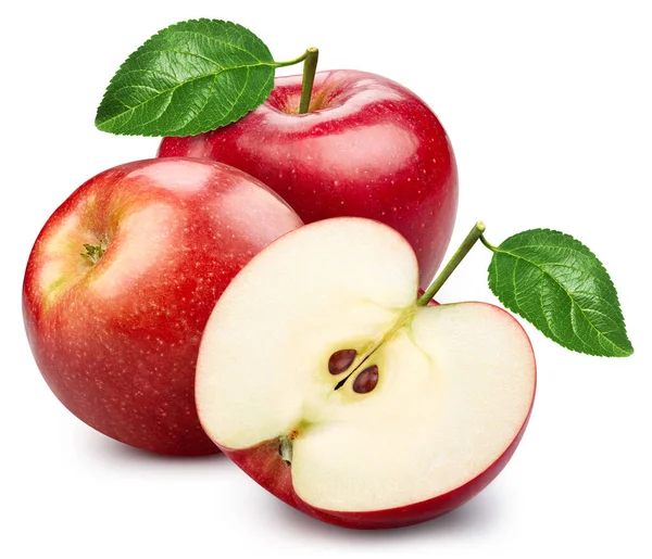 白い背景に赤いリンゴが孤立しています 葉でリンゴを味わいなさい クリッピングパスを持つフィールドの完全な深さ — ストック写真