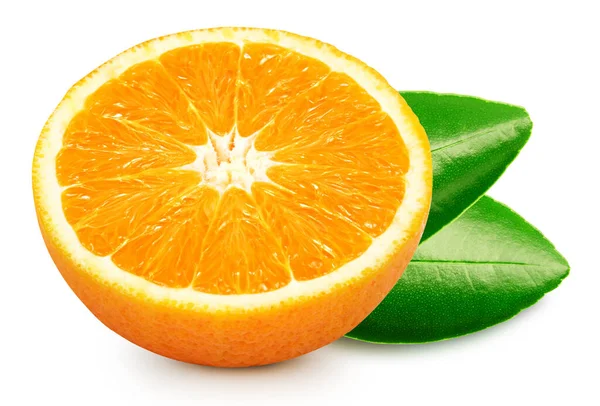 Orangenfrucht Mit Blattisolat Orangefarbene Hälfte Auf Weiß Orangefarbener Schneideweg High — Stockfoto