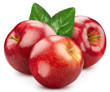 Kırmızı elma beyaz arka planda izole edilmiş. Yapraklı elmayı tat. Kırpma yolu ile tam alan derinliği