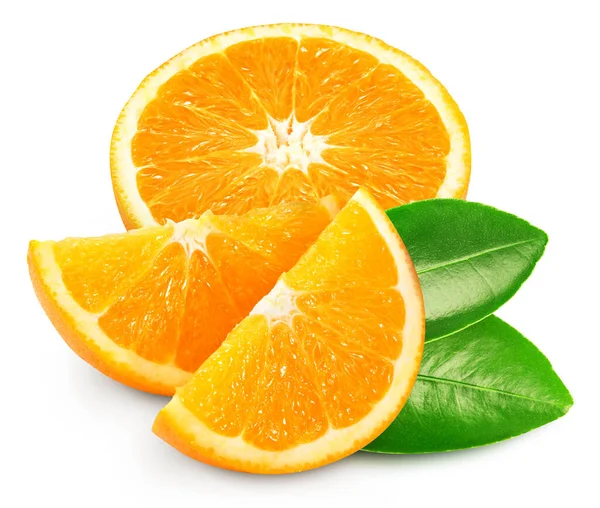 Orangenfrucht Mit Blattisolat Orangenscheibe Und Hälfte Auf Weiß Orangefarbener Schneideweg — Stockfoto