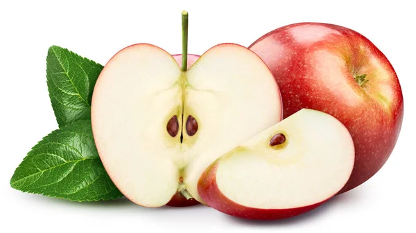 Κόκκινο Μήλο Απομονωμένο Λευκό Φόντο Δοκίμασε Μήλο Φύλλο Πλήρες Βάθος — Φωτογραφία Αρχείου