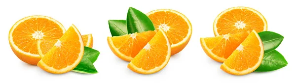 Orangenfrucht Mit Blattisolat Orangenscheibe Und Hälfte Auf Weiß Orangen Sammelpfad — Stockfoto
