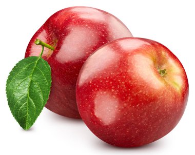 Kırmızı elma beyaz arka planda izole edilmiş. Yapraklı elmayı tat. Kırpma yolu ile tam alan derinliği