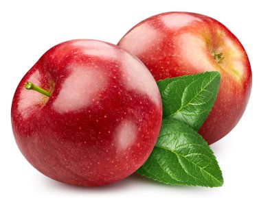 Apple beyaz arka planda izole edilmiş. Elma toplama yolu. Yapraklı elma