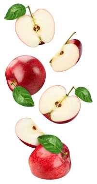 Flying in air red apple whole and cut in half with leaf isolated on white background. Levitation apple Clipping Path.