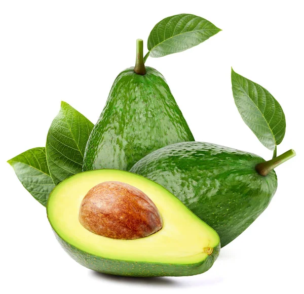 Fresh Avocado Whole Cut Half Leaf Isolated White Background Clipping — Stock Photo, Image