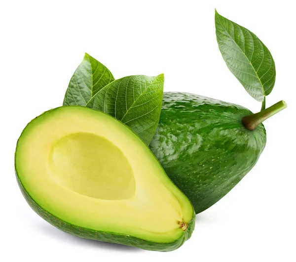 Fresh Avocado Whole Cut Half Leaf Isolated White Background Clipping — Fotografia de Stock