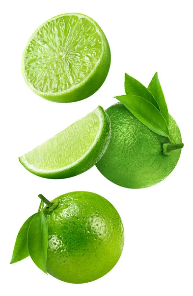 Flying Air Lime Lime Isolated White Background Lime Macro Clipping — стокове фото