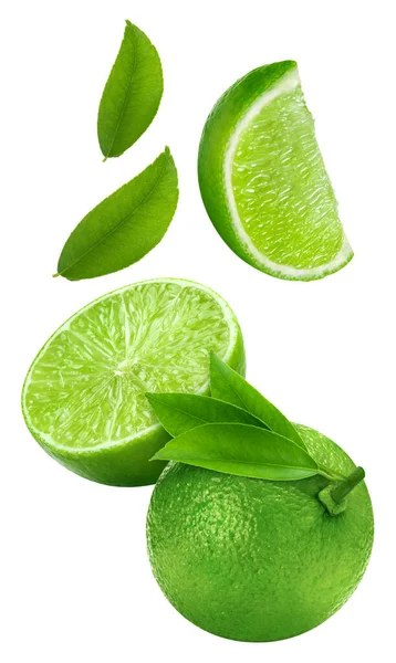 Lime Egy Levél Egzotikus Gyümölcs Félig Elszigetelt Fehér Alapon Vágóút — Stock Fotó