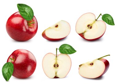 Beyaz arka planda izole edilmiş taze elma. Yapraklı kırmızı elma koleksiyonu. Elma kırıntısı. Apple makro stüdyo fotoğrafı