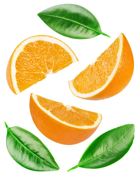 Vereinzelt Orange Frische Bio Orange Mit Blättern Isoliert Schneideweg Orangefarbenes — Stockfoto