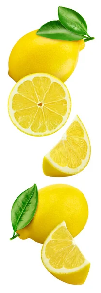 Flying Air Lemon Collection Set Organic Lemon Leaves Isolated White — Stock Photo, Image