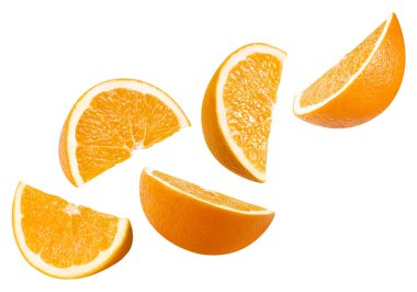 Portakal meyvesi. Beyaz arka planda izole edilmiş organik turuncu dilim koleksiyonu. Kırpma yolu ile turuncu