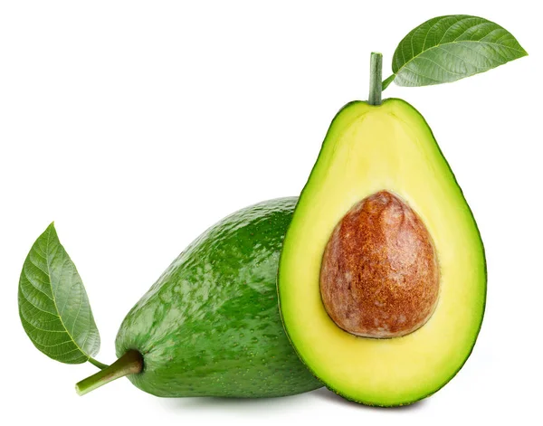 Avocado Fresco Intero Tagliato Metà Con Foglia Isolata Fondo Bianco — Foto Stock