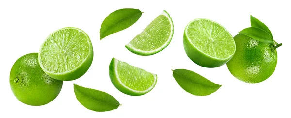 Flying Air Lime Collection Set Organic Lime Leaves Isolated White — Stock Photo, Image