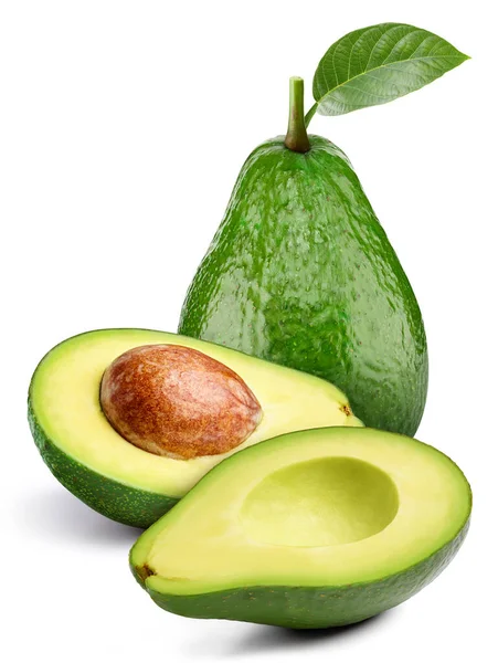 Verse Avocado Geheel Doormidden Gesneden Met Blad Geïsoleerd Witte Achtergrond — Stockfoto