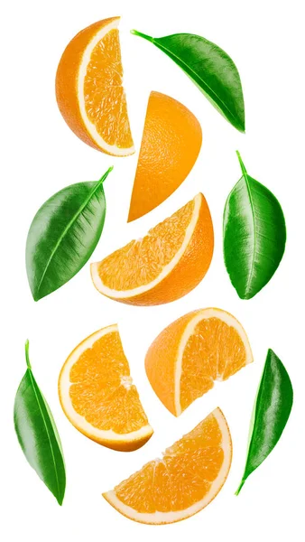 Collezione Fette Arancio Isolate Sfondo Bianco Gusto Arancio Con Foglia — Foto Stock