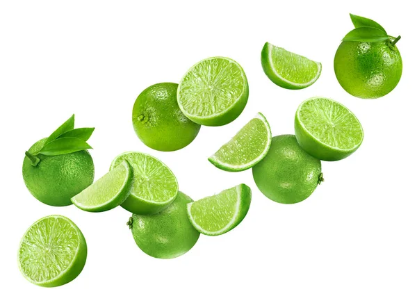 Flying Air Lime Collection Lime Clipping Path Isolated White Background — Stock Photo, Image