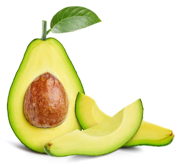 Verse Avocado Geheel Doormidden Gesneden Met Blad Geïsoleerd Witte Achtergrond — Stockfoto