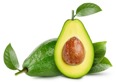 Beyaz arka planda yarı izole edilmiş yaprak egzotik meyveli avokado. Kırpma Yolu. Tam alan derinliği.
