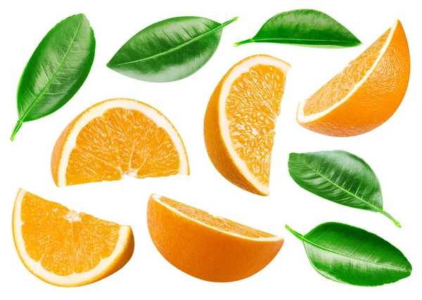白い背景に隔離されたオレンジのコレクション 葉でオレンジを味わいなさい クリッピングパスを持つフィールドの完全な深さ — ストック写真