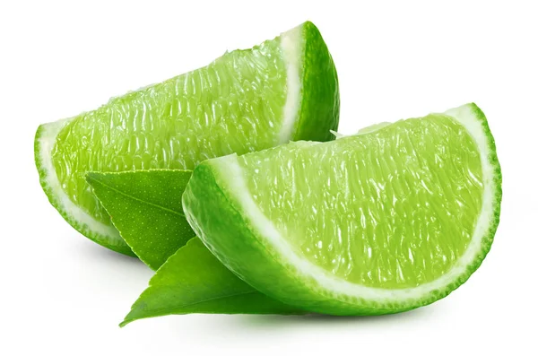 Lime Med Ett Blad Frukt Med Skiva Isolerad Vit Bakgrund — Stockfoto