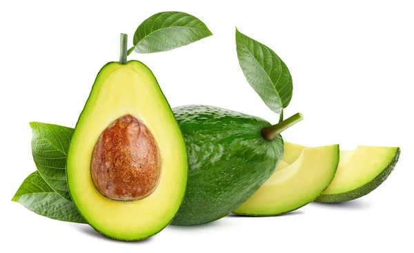 Verse Avocado Geheel Doormidden Gesneden Met Blad Geïsoleerd Witte Achtergrond — Stockfoto