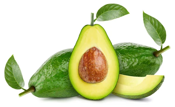 Fresh Avocado Whole Cut Half Leaf Isolated White Background Clipping — Stock Photo, Image