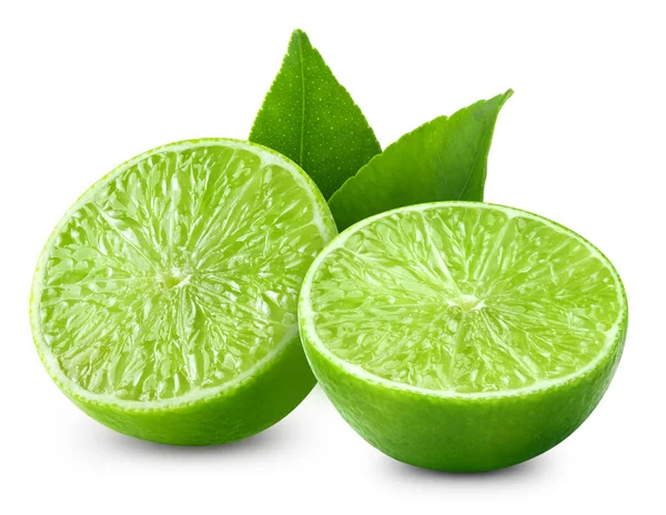 Lime Med Ett Blad Frukt Med Skiva Isolerad Vit Bakgrund — Stockfoto