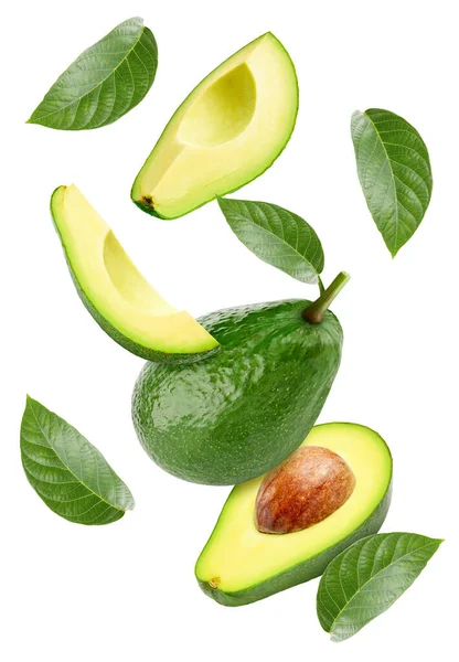 Zielone Awokado Świeże Organiczne Awokado Liśćmi Wyizolowanymi Białym Tle Awokado — Zdjęcie stockowe