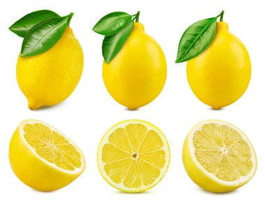 Beyaz arka planda izole edilmiş limon koleksiyonu. Yapraklı limon tadı. Kırpma yolu ile tam alan derinliği