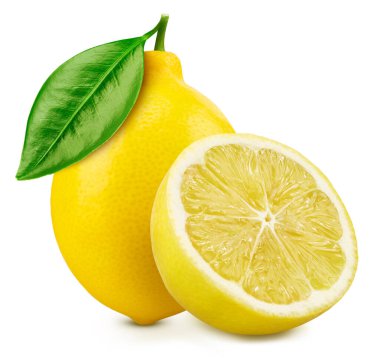 Lemon with leaves isolated on white background. Lemon Clipping Path. Lemon macro studio photo