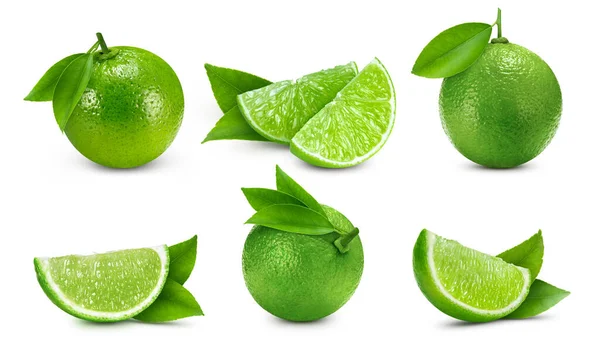 Collection Lime Isolerad Vit Bakgrund Smaka Lime Med Löv Fullt — Stockfoto