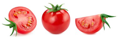 Beyaz arka planda izole edilmiş domates sebzesi. Kesme yolu olan domates. Domates makro stüdyo fotoğrafı.