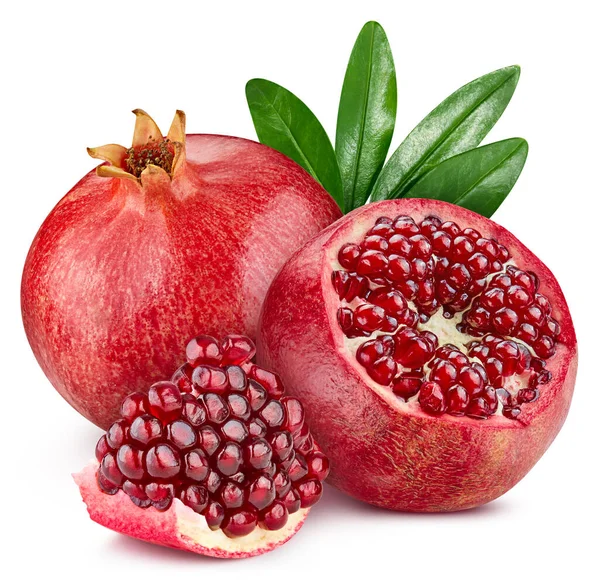 Isolated pomegranate. Fresh organic pomegranate with leaves isolated clipping path. Pomegranate macro studio photo.