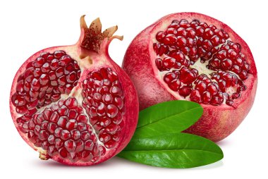 Pomegranate with leaves isolated on white background. Pomegranate Clipping Path. Pomegranate macro studio photo