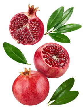 Pomegranate collection with leaves isolated on white background. Pomegranate set Clipping Path. Pomegranate macro studio photo